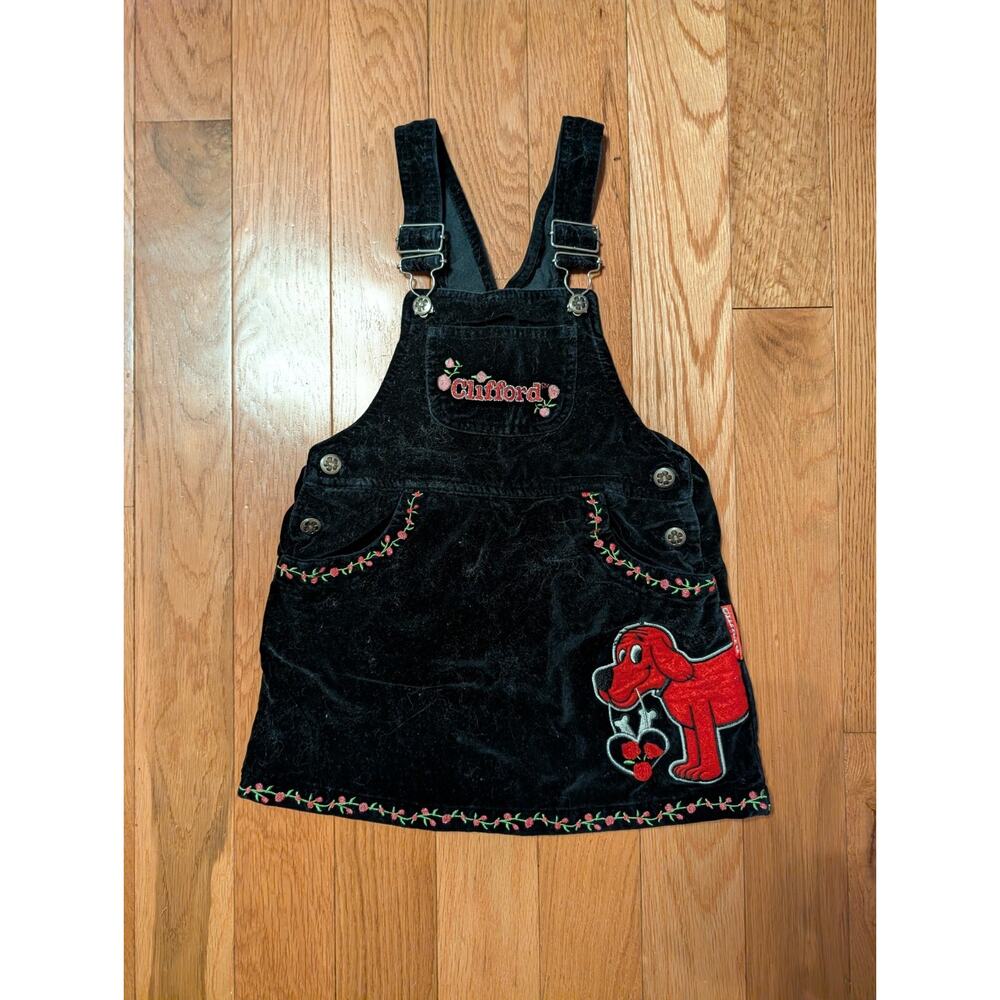 Vintage 2001 Clifford The Big Red Dog Girls Velour Overalls Dress 4T Great Size!